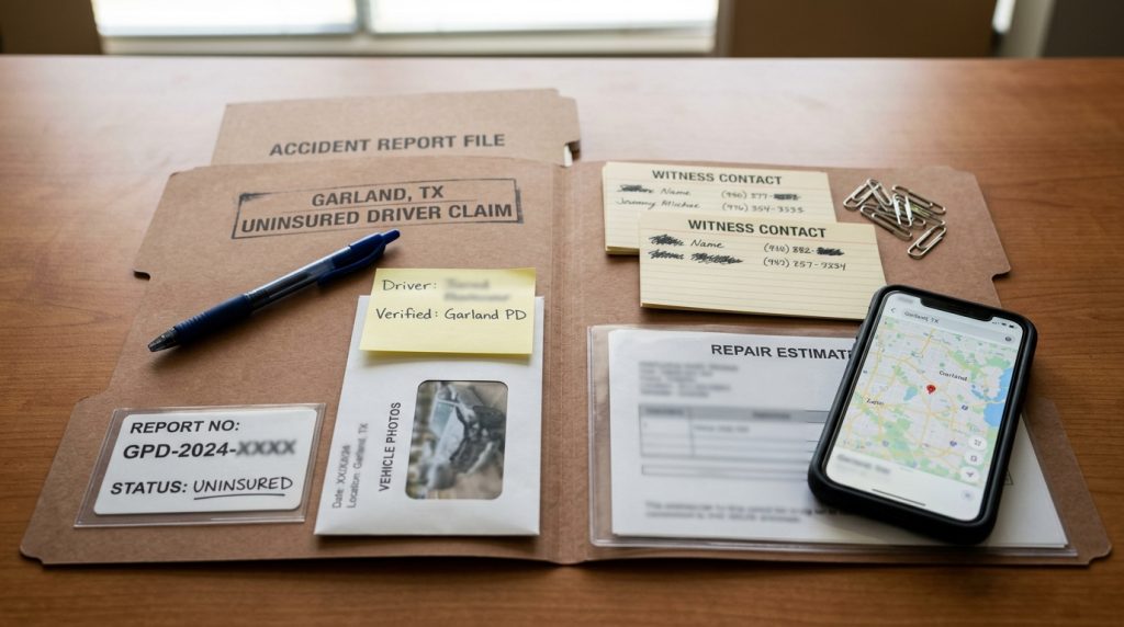 Garland uninsured driver accident report file with TxDOT crash report number insurance status photos witnesses and repair notes