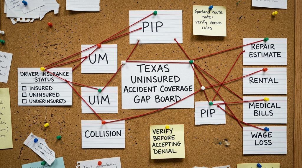 Texas uninsured accident coverage gap board with driver insurance status UM UIM collision PIP medical payments and repair cards