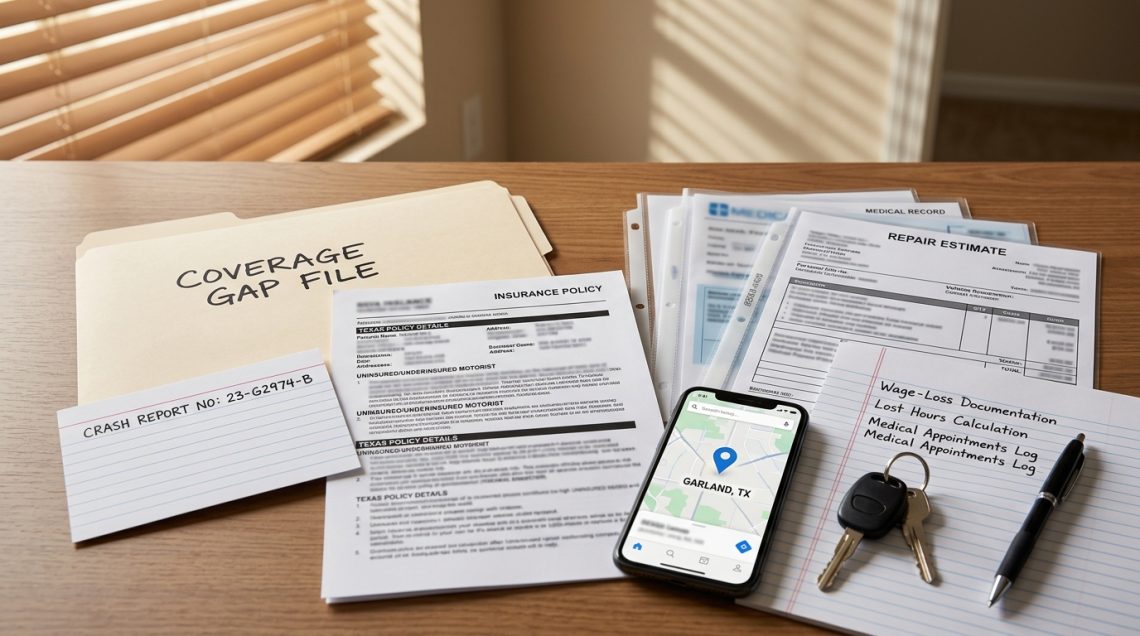 Texas uninsured driver accident coverage gap playbook with crash report insurance policy medical records and repair notes