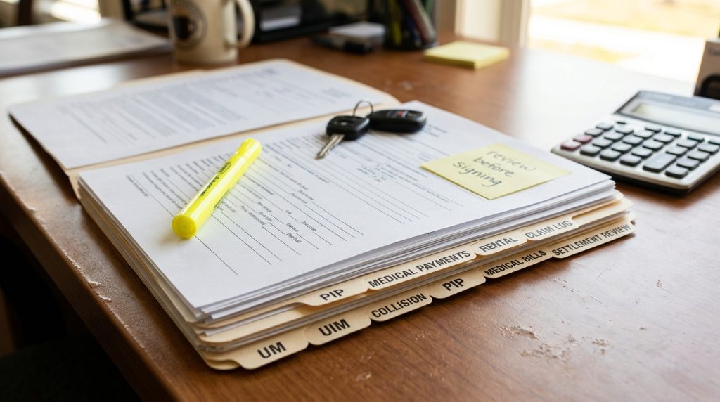 Texas uninsured motorist insurance decision file with UM UIM collision PIP medical payments claim log and settlement review tabs