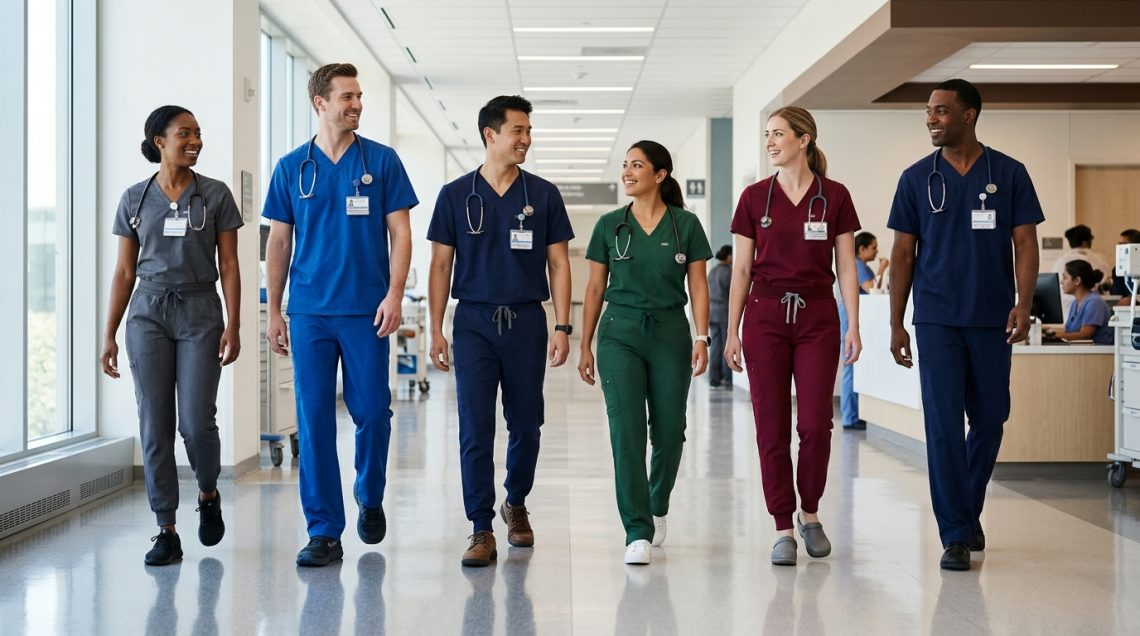 Tall healthcare professionals wearing correctly fitted tall scrub pants