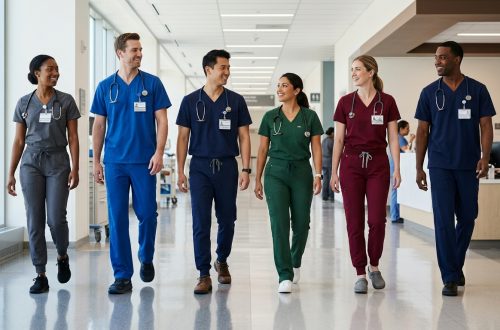Tall healthcare professionals wearing correctly fitted tall scrub pants