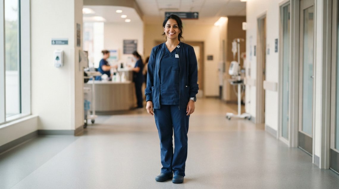 Healthcare professional wearing medical scrubs with a lightweight scrub jacket