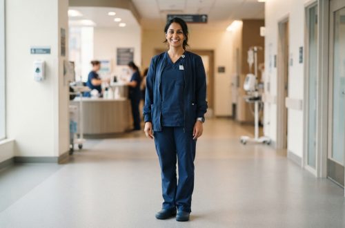 Healthcare professional wearing medical scrubs with a lightweight scrub jacket