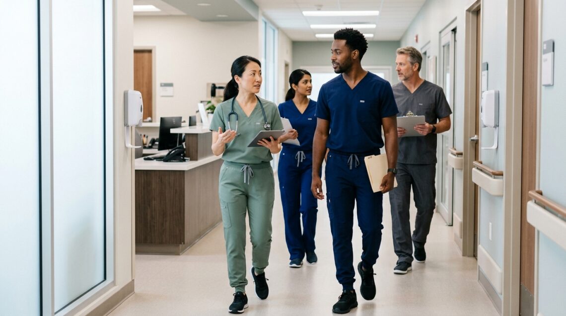 Healthcare professionals wearing different performance scrub fabrics in a clinic hallway
