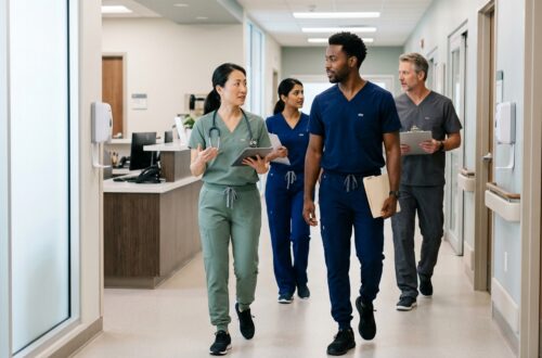 Healthcare professionals wearing different performance scrub fabrics in a clinic hallway