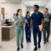 Healthcare professionals wearing different performance scrub fabrics in a clinic hallway