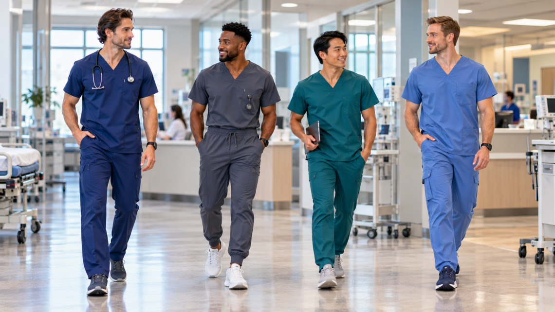 Diverse male healthcare professionals wearing different scrub pant styles