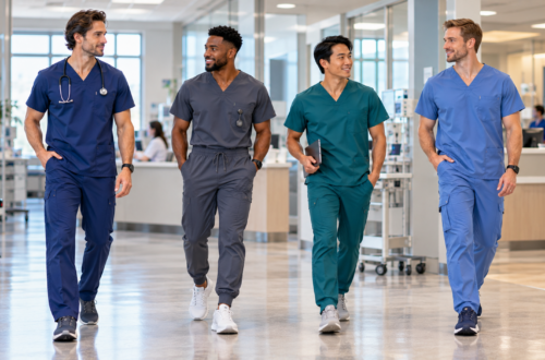 Diverse male healthcare professionals wearing different scrub pant styles