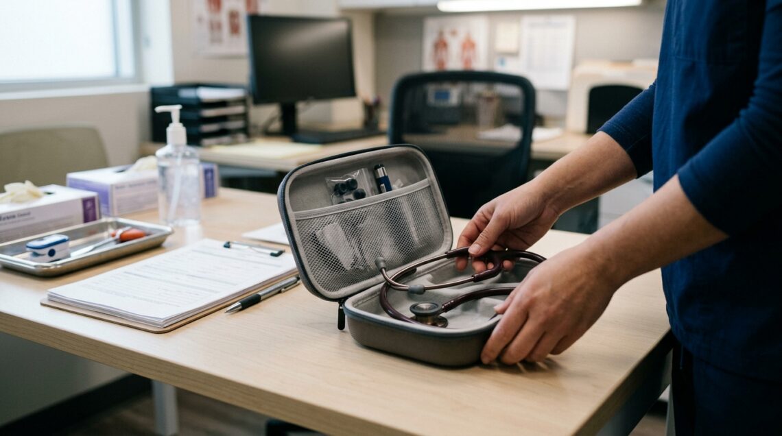 Healthcare worker placing a stethoscope into a protective case
