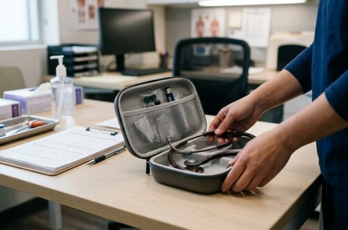 Healthcare worker placing a stethoscope into a protective case